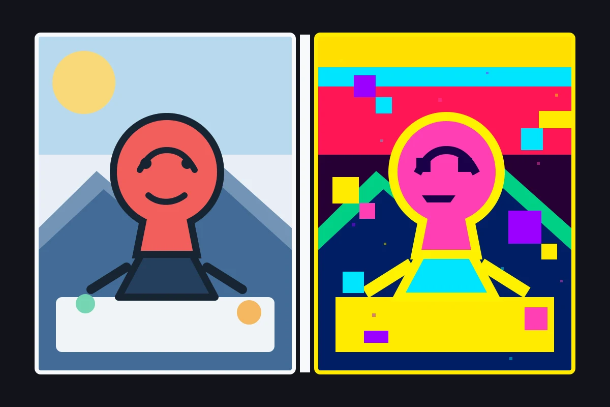 A crisp illustrated reaction scene beside a saturated compressed version with visible noise