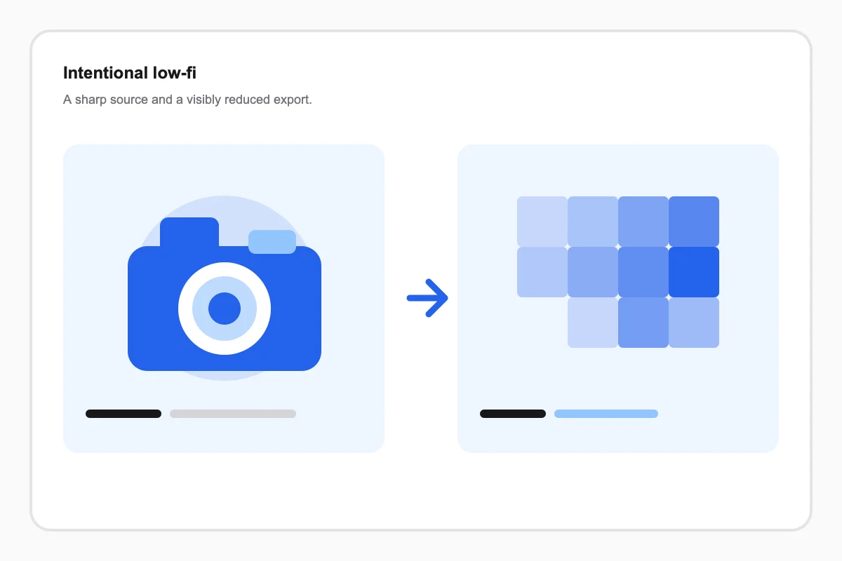 A crisp illustrated camera beside its degraded pixelated version