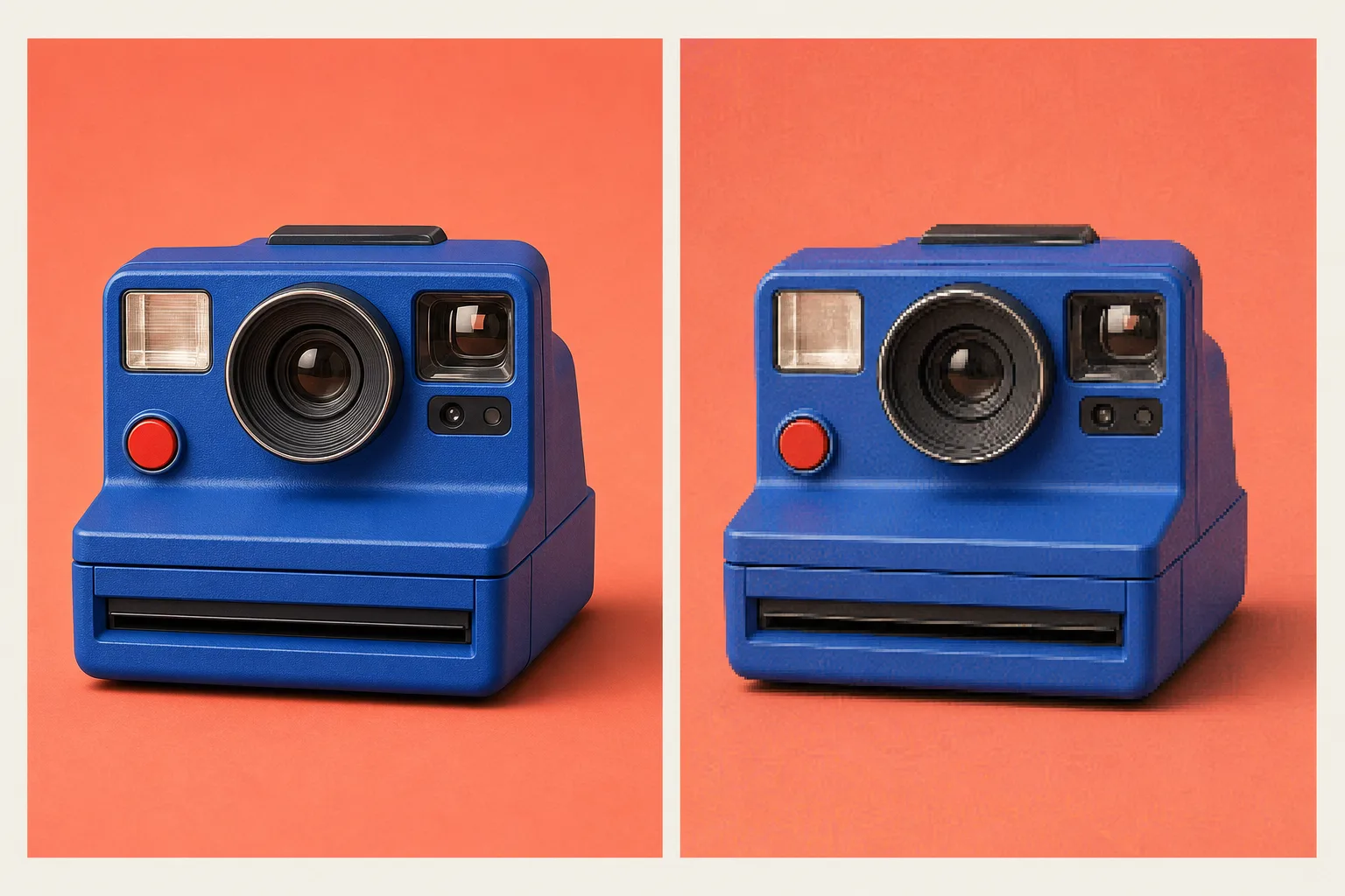 A crisp blue instant camera beside a compressed low-fi version with visible texture
