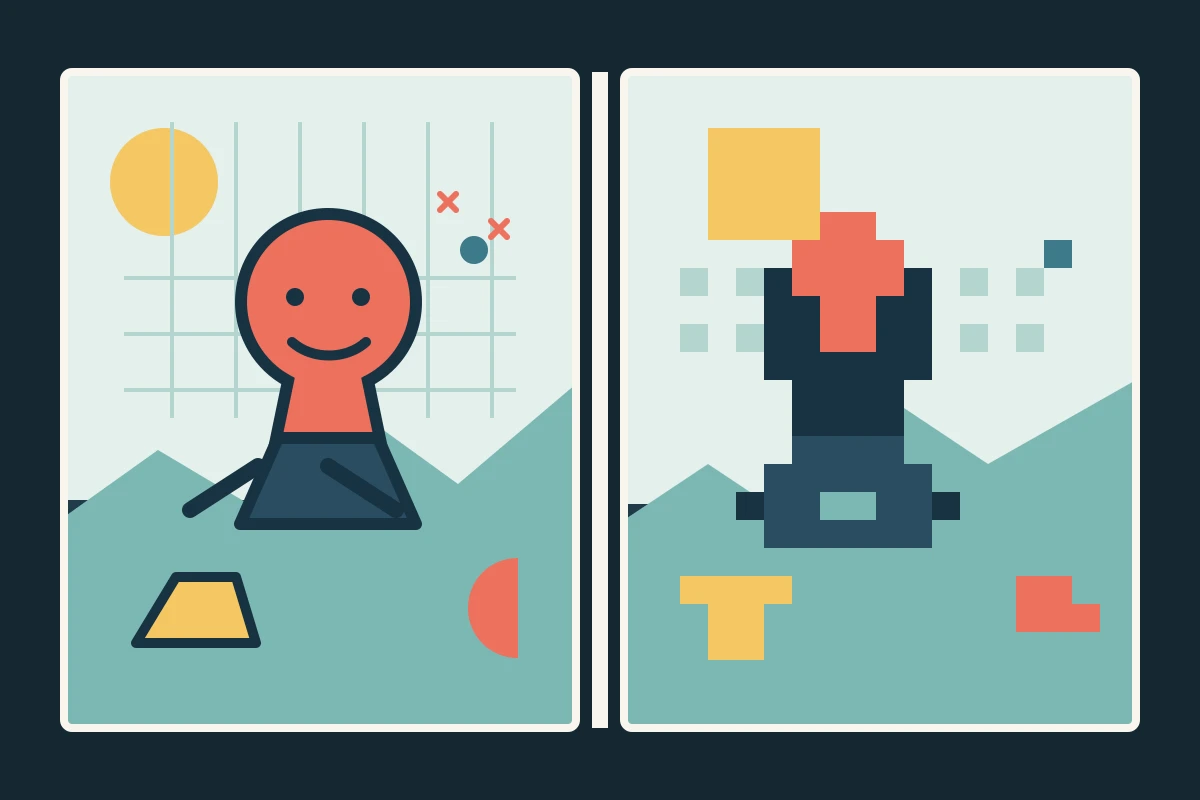 A detailed geometric scene beside a blocky pixelated version with a clear silhouette